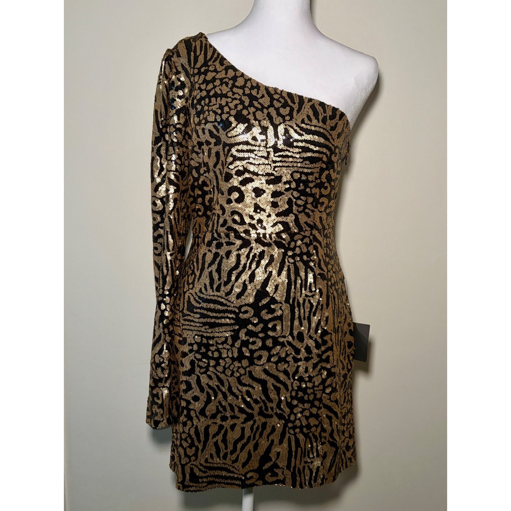 Lulus Gold Black Sequin Animal Print One Shoulder Mini Dress Long Sleeve NWT